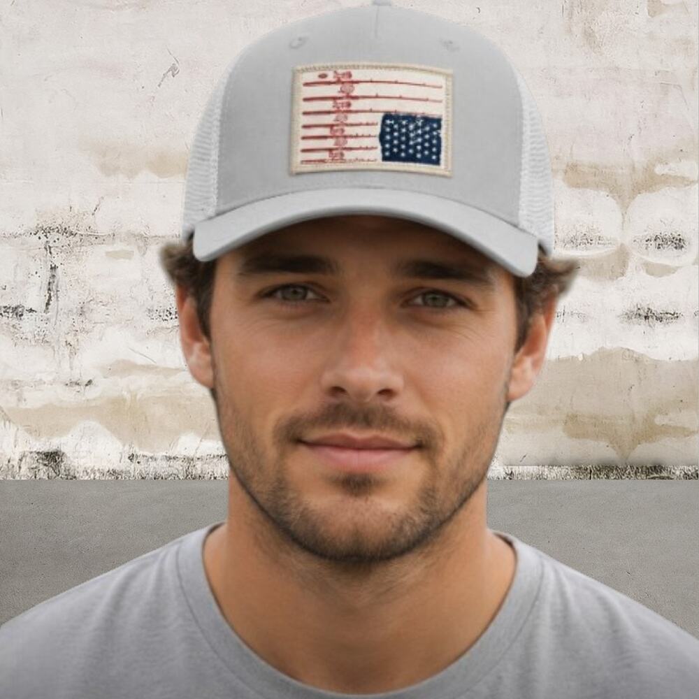 San Diego Hat Company Gray/White Trucker Hat Fishing Themed American Flag NWT
